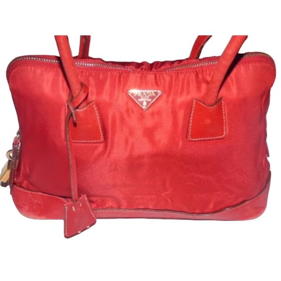 Prada Red Nylon and Leather Shoulder Bag w Chrome Lock and Key - Picture 4 of 5